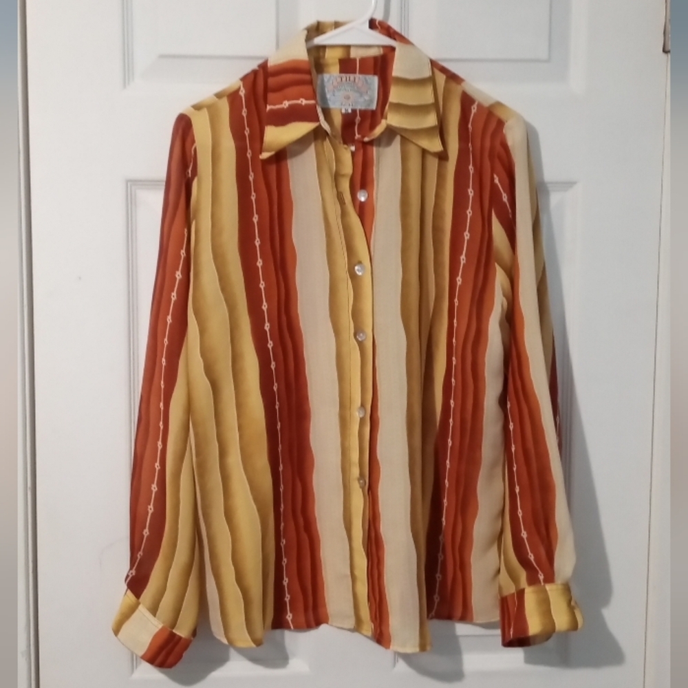 Vintage Striped Sheer Button-Up Blouse